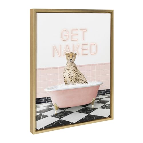 Kate and Laurel Sylvie Cheetah Get Naked in Retro Pink Bath Framed Canvas Wall Art by Amy Peterson Art Studio, 18x24 Bright Gold, Cute Animal Bathtub Art for Wall