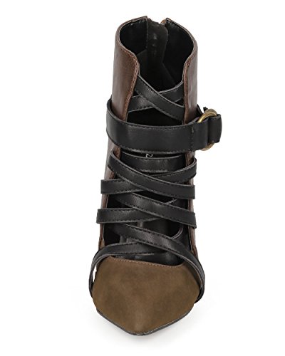 Women Mix Media Color Block Strappy Stiletto Pump Zipper Bootie Ch78 - Khaki (Size: 9.0) #TOP3