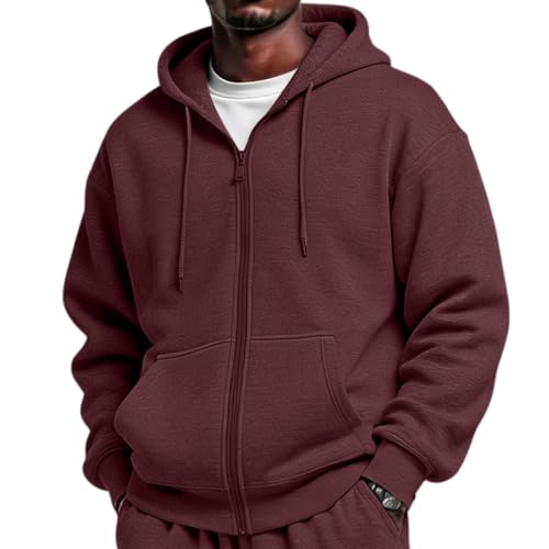 Coal2ToalPW Mens Hooded Sweatshirt Hooded Fleece Oversized Drawstring Long Sleeve Jacket Fall Loose Fit Big and Tall Collar Sweatshirt Casual Winter Fashion Zip Up Coat Wine