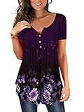  ORANDESIGNE Femme Chemise Lâche Manches Courtes Col V Button Plissé Fleurs Henley Tunique Blouse T Shirt A Violet 46
