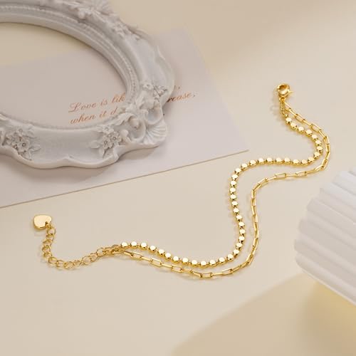 VSNPO Gold Bracelets for Women 14K Gold Bracelets for Women Double Layer Bracelet for Womens Stylish Flat Bead & Paperclip Link Chain Bracelet for Womens3