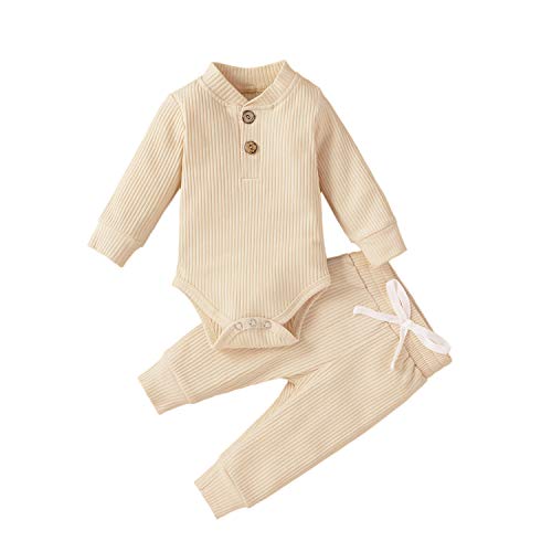 Image of CIYCUIT Newborn Baby Boy Outfits Long Sleeve Solid Color Ribbed Knitted Romper Pants 2Pcs Gender Neutral Baby Clothes