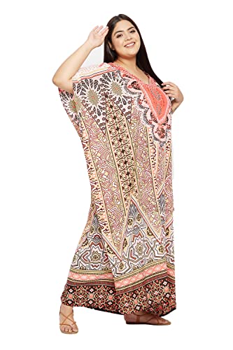 Image of Women Long Maxi Plus Size Polyester Kaftan Gown, Womens Kaftan Dresses | Lounge Resort Wear, Batwing Sleeve Side Slit, Beach Cover Up, House Dress, Lightweight V Neck Loose Fit Boho Dress