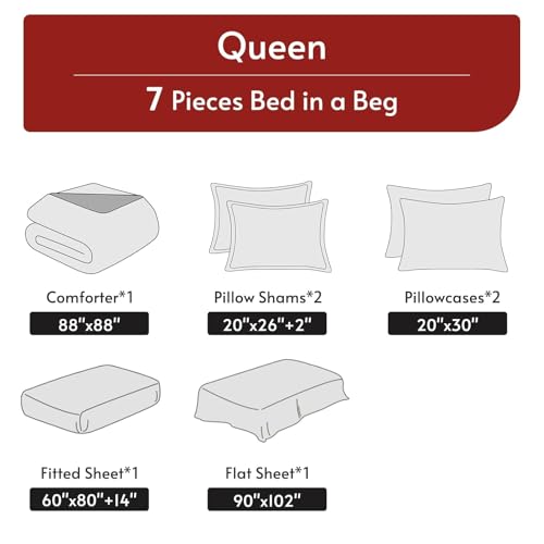 MUXHOMO 7 Pieces Queen Comforter Set, Reversible Bed in a Bag Queen Size, All Season Bedding Set with Comforter, Flat Sheet, Fitted Sheet, Pillowcases & Shams, Red & Black - Image 6