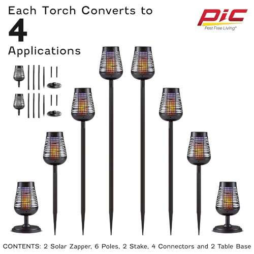 PIC Bug Zapper, 600V Solar Powered Insect Trap & Fly Zapper for Outdoor Use, LED Flickering Flame, Activates Automatically in Dark, Weatherproof Outdoor Fly Trap, Kills Bugs on Contact, Twin Pack