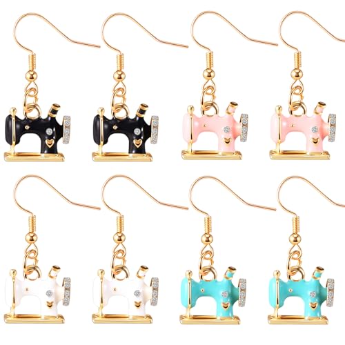 Nosiny 4 Pairs Enamel Alloy Sewing Machine Earrings 16mm Funny Cute Quilting Charm Vintage Jewelry Drop Dangle Fashion Spring Summer Sewing Gifts for Quilters Women Sewer Seamstress Ladies