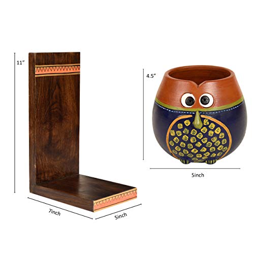 Image of AAKRITI ART CREATIONS Hooting Owl Wall Decor Shelf with Earthen Planter | Handmade Wooden Wall Hanging Shelf with Terracotta Planter | Matte Finish Wall Art for Living Room, Balcony & Gifting