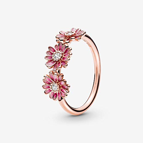 Pandora Garden Pink Daisy Flower Trio 14k rose gold-plated ring with clear cubic zirconia and shaded pink enamel, 52