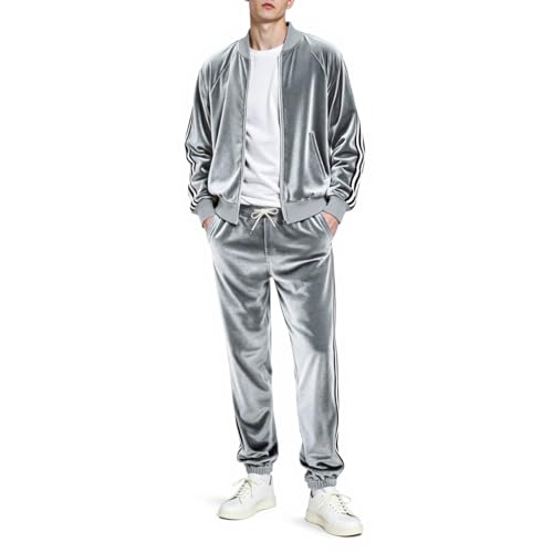 Heyfanee Mens Track Suits 2 Piece Set Velour Grey 80s...