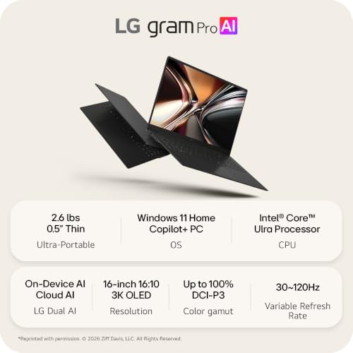 Image of LG gram Pro 16-inch Thin and Lightweight Dual AI Laptop Computer, Windows 11 Home, Copilot+ PC, Intel Core Ultra X7 358H, 32GB RAM, 1TB SSD, OLED Display, Aerominum Black