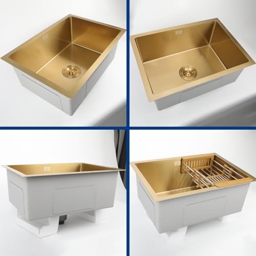 Gold Bar Sink Undermount,Single Bowl Undermount Bar Sink,Workstation Small Kitchen Sink,Brushed Gold Wet Bar Sink,Stainless Steel Bar Sink,Outdoor Kitchen Prep Sink With Gold-tone Accessories(Gold,38x