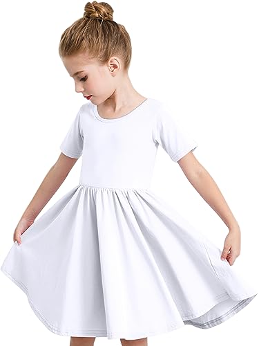 Stelle Girls Short Sleeve Dress Summer Kids Toddler Skater Twirl A Line Solid Color T-Shirt Dress for School Casual 3-12 Y