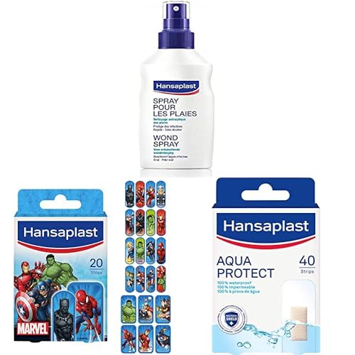HANSAPLAST Lot avec Spray Antiseptique (1 x 100 ml), Pansements pour enfants Marvel (1 x 20), Pansements étanches pour toutes sortes de plaies (1 x 40), kit de secours pratique