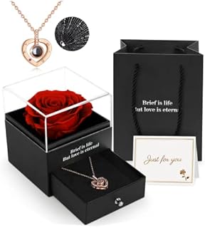 Preserved Real Rose, Gift Box with I Love You Necklace, Handmade Eternal Real Rose Flower Gifts for Her Woman Wife Girlfriend Mother on Birthday, Anniversary, Valentine's Day, Mother's Day, Christmas
