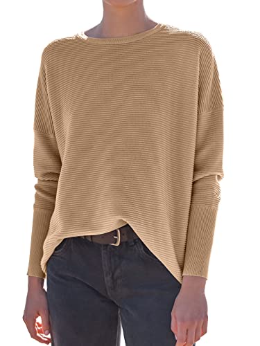 Anrabess Women's Oversized Crewneck Sweaters Long Batwing Sleeve Ribbed Slouchy Casual Jumper With Slit Pullover Top Fashion 2023 Fall Winter 725Shenxing-L Khaki #TOP17