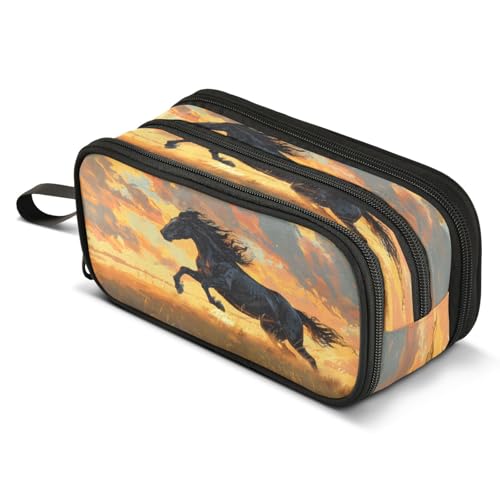 Image of ALAZA Horse Galloping Horses Pencil Case for Boys Girls Kids Pencil Pouch 3 Compartment Pen Bag Large Capacity Storage Pencil Holder School Students with Zipper