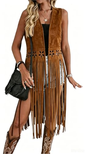 GERT COREL Women's Suede Fringe Vest, Long Boho Cowgirl Cutout Cardigan — gift idea for moms · $32.99