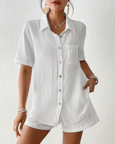 Bsubseach Womens 2 Piece Cover Ups Set Cotton Beach Short Sets Short Sleeve Button Down Shirt Shorts Resort Wear 20254
