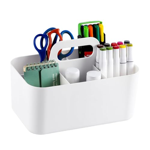 Veebmys Panier Organisateur 5 Compartiments avec Poignée – en Plastique Résistant pour Télécommande, Outils, Cosmétiques – Idéal pour Salle de Bain, Bureau, École (Blanc)