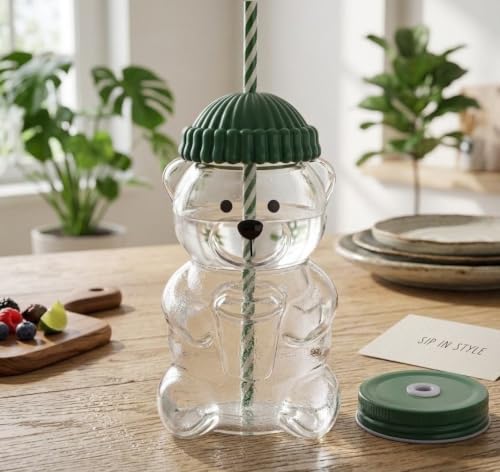 Image of Teddy Bear Glass,Cup Bear Straw Cup, 20oz Cute Bears Glass Tumbler with Cute Animal Mug for Hot and Cold Drinks, Smoothies Juice, Travel & Gifts (Multicolor) Borosilicate Glass