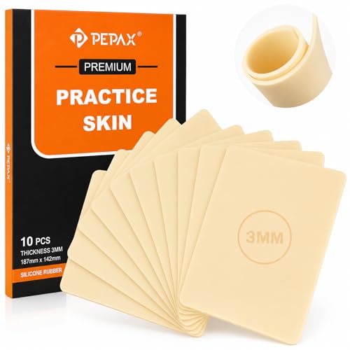 PEPAX 10Pcs Tattoo Practice Skin, 3mm Thick 6"x8" Double-Sided Fake Skin - Premium Blank Silicone Realistic Tattoo Skin with Deluxe Storage Box for Beginners Training & Pro Artists Tattooing Supplies