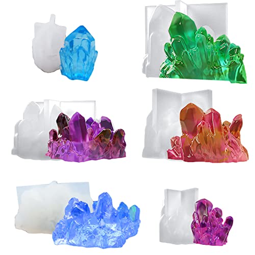 6 Pcs Crystal Cluster Silicone Resin Mold Growing Crystal Quartz Rock Epoxy Silicone Casting Molds for Druzy Isomalt Gems Polymer Clay Fondant Cake Decoration, 3D DIY Making Handmade Display Crafts