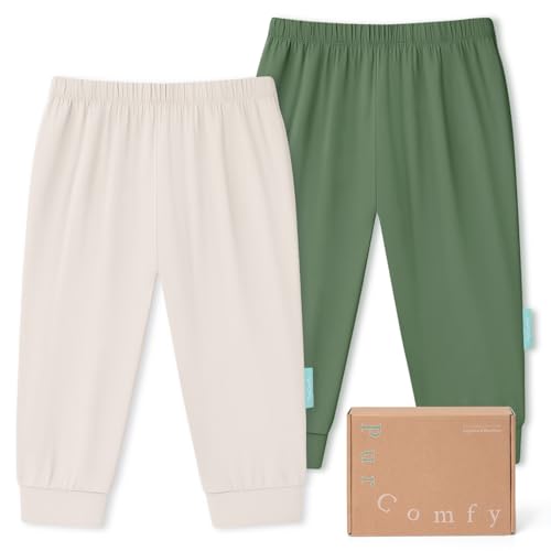 PurComfy Supersoft Baby Pants, 2-Pack Premium Bamboo Viscose Jogger Pants, Elastic Waist, Unisex 0-24 Months Oat & Forest 0-3 Months