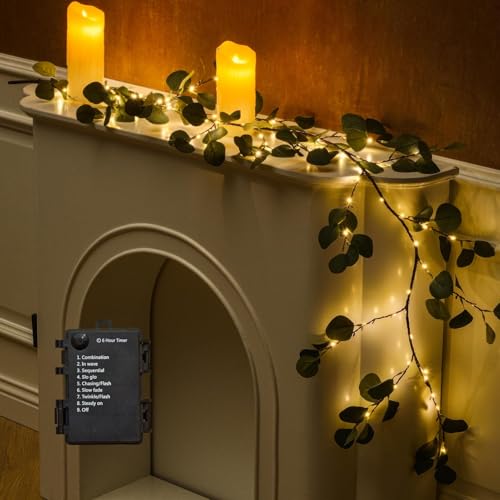 Guirnalda de eucalipto de 96 luces LED con vid sintética a pilas para primavera