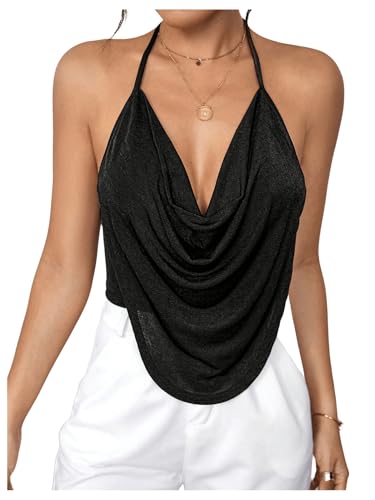 GORGLITTER Damen Rückenfrei Trägertop Neckholder Crop Tops Kurz Oberteil Top mit drapierter Vorderseite Schwarz S