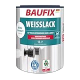 Résistant au jaunissement. Baufix PEINTURE BLANCHE 2en1 - Satinée mate - 1 litre - Laque acrylique - Intérieur & extérieur - Bois, béton, crépi, zinc, maçonnerie, gouttières, plinthes, boiseries, plaques d\'éternit etc.