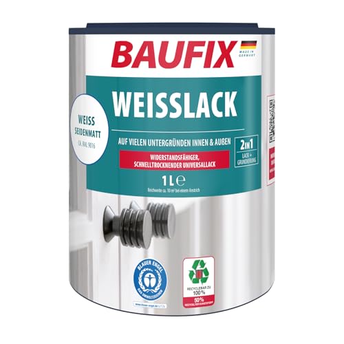 Baufix PEINTURE BLANCHE 2en1 - Satinée mate - 1 litre - Laque acrylique - Intérieur & extérieur - Bois, béton, crépi, zinc, maçonnerie, gouttières, plinthes, boiseries, plaques d'éternit etc.