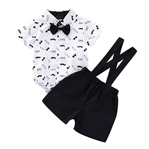 heavKin-Clothes 0 Months-2Years Children's Kids Baby Boy Beard Tie Printed Short Sleeve Shirt T-Shirt Tops + Strap Shorts Gentry Suit (White, 12-18 Months)