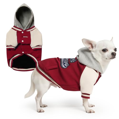 Image of Spark Paws Varsity Dog Hoodie - Premium Dog Sweater for Small, Medium, and Large Dogs | Warm Clothes for Pets, Winter Jacket Alternative - Red - M