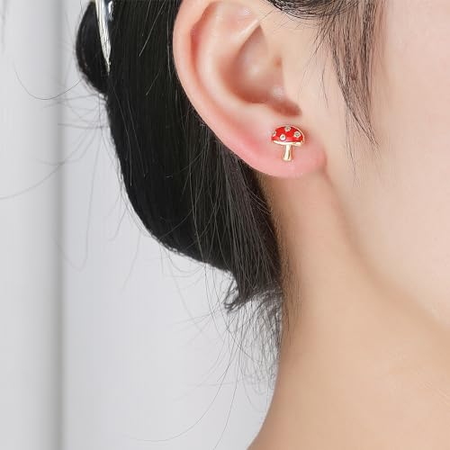 Hanreshe Mushroom Screw Back Earrings for Girls Gold Hypoallergenic Mushroom Crystal Stud Earrings2