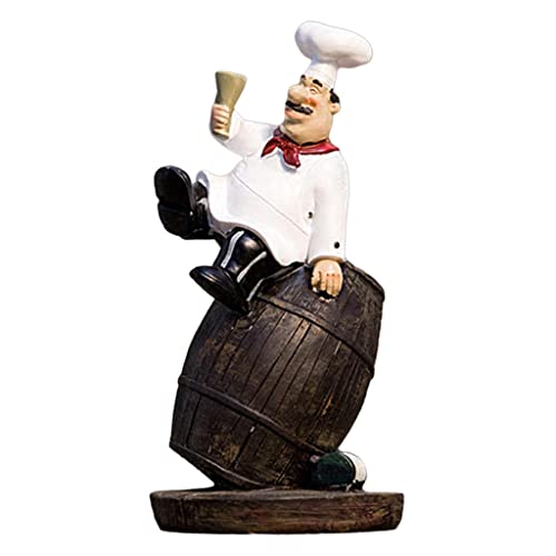 perfk Resin Chef Statue Figurine Kitchen Decor Miniature Ornaments Chef Collectible Gift restaurant house kitchen Cook Cafe Bar shop decorationation, Sit on Wine Barrel