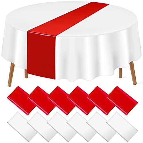 Image of 12 Pack 12x108 Inch Satin Table Runner and 84 Inch Round Plastic Tablecloths Set Red and White Disposable Round Table Cover for Graduation Wedding Bridal Shower Anniversary Birthday Party Decorations