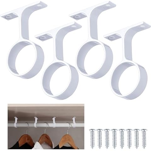 LEIFIDE 4 Pcs 1 5/16 Inch Diameter Round Wardrobe Closet Rod Suspended Center Support with Installation Screws Curtain Closet Rod Ceiling Mount Bracket for Home Wardrobe (White) Cover