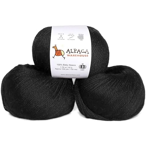 100% Baby Alpaca Yarn Wool Set of 3 Skeins DK Weight - Made in Peru - Heavenly Soft and Perfect for Knitting and Crocheting (Black, DK) Cover