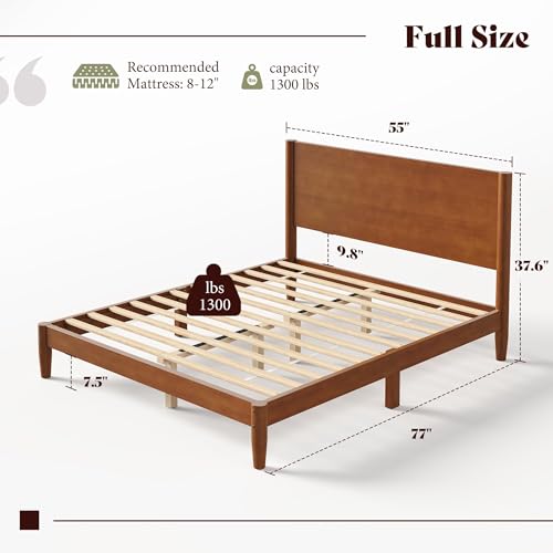 Image of AMERLIFE Solid Wood Full Bed Frame, Mid Century Bed with Headboard, Brown