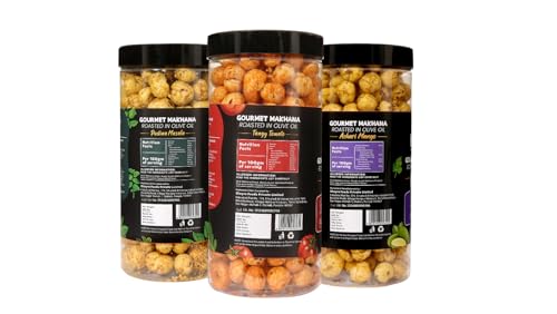Image of H O M House Of Makhana 195g Tangy Tomato, Pudina + Achari Gourmet Makhana Jar Roasted in Olive Oil, Flavored Makhana Pack of 3 (65gX3)