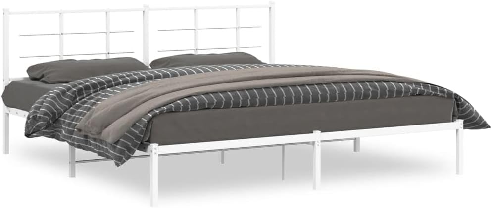 White Powder-Coated Steel Bed Frame Double Size with Headboard Modern Minimalist Bedroom Furniture Sturdy Heavy-Duty Platform Foundation for Mattress Support