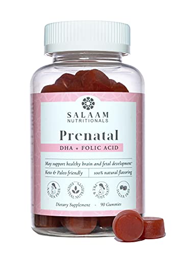Salaam Nutritionals Halal Prenatal Gummy Multivitamins, Low Sugar, 800 mcg Folate, Methylcobalamin, with DHA (90 Count) New Taste and New Look