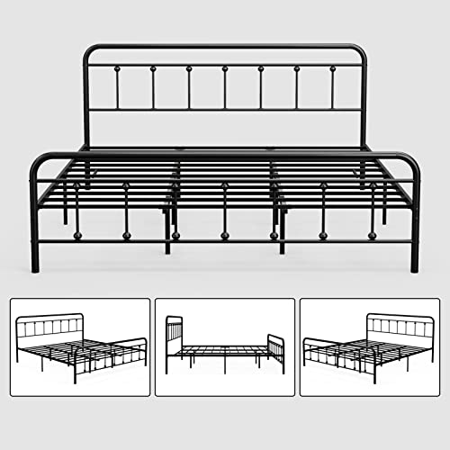 Ikifly California King Size Metal Bed Frame With Headboard & Footboard - Strong Steel Slats - Mattress Foundation - Victorian Vintage Style - No Box Spring Needed - Black/Cal King #TOP4