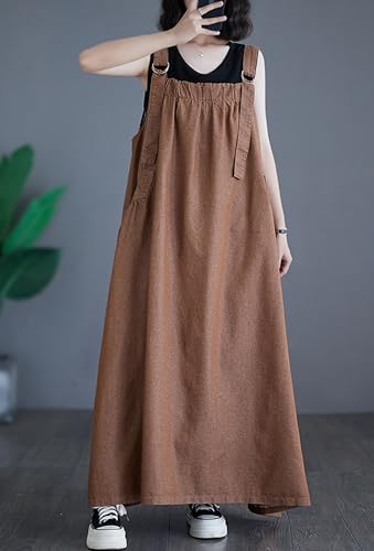 Image of Women's Casual Loose Denim Dress Sleeveless Adjustable Straps Denim Jumper Dress with Pockets