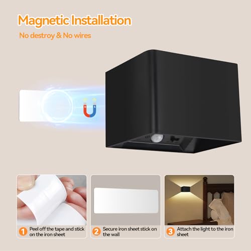 Aialun Motion Sensor Wall Light 5000mAh Battery Operated,Rechargeable Wall Sconce Set of 2 Wireless Closet Light,3CCT & Dimmable Up and Down Night Lights Magnetic Stair Lights for Bedroom Hallway by Aialun - Used condition - Image 7