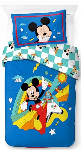 Jay Franco Disney Mickey Bleu 100% Coton Parure de Lit Simple - Inclus Taie d'oreiller 50 x 70 cm