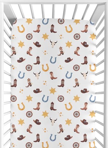 Sweet Jojo Designs Fitted Baby Crib Sheets (Boho Western Cowboy) for Boys, Infant Nursery, Toddler Room - Standard Size (Blue, Bohemian Vintage Wild West, Cow Boy Boots Southern Charm, Longhorn Skull)