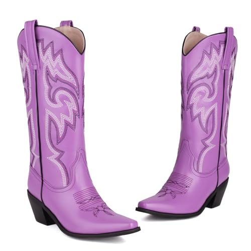 KiutSymo Women's Mid Calf Cowgirl Boots for Women Embroidered Snip Toe Chunky Heel Wide Calf Western Cowboy Boots2