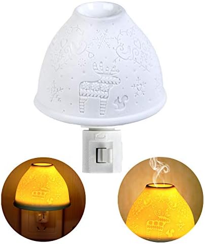 Plug in Night Light, Kimfly Ceramic Art Night Light Wall Night Light with Essential Oil Aromatherapy Furnace and Incandescent Bulb, Suit for Bedroom, Living Room, Hallway (Snowflake Deer 2(Home-Set))