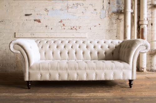 Image of Modern Premium Luxury Teak Wood Classic Home Restaurant Roll Chesterfield for Living Bad Room Office & Lounge DESGINE (Beige) 3 Seater Sofa